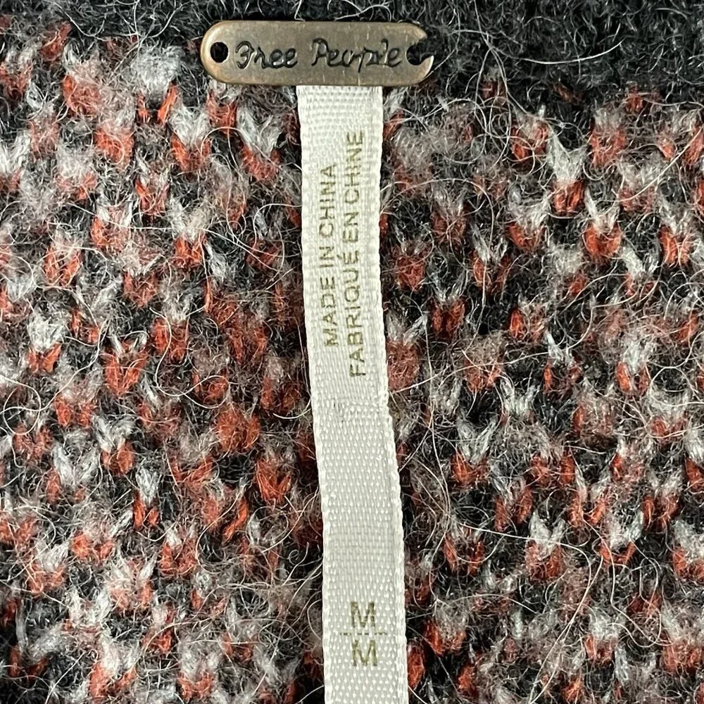 Free People Grey Print Wool Alpaca Blend Button Up Collar Cardigan Size Medium M